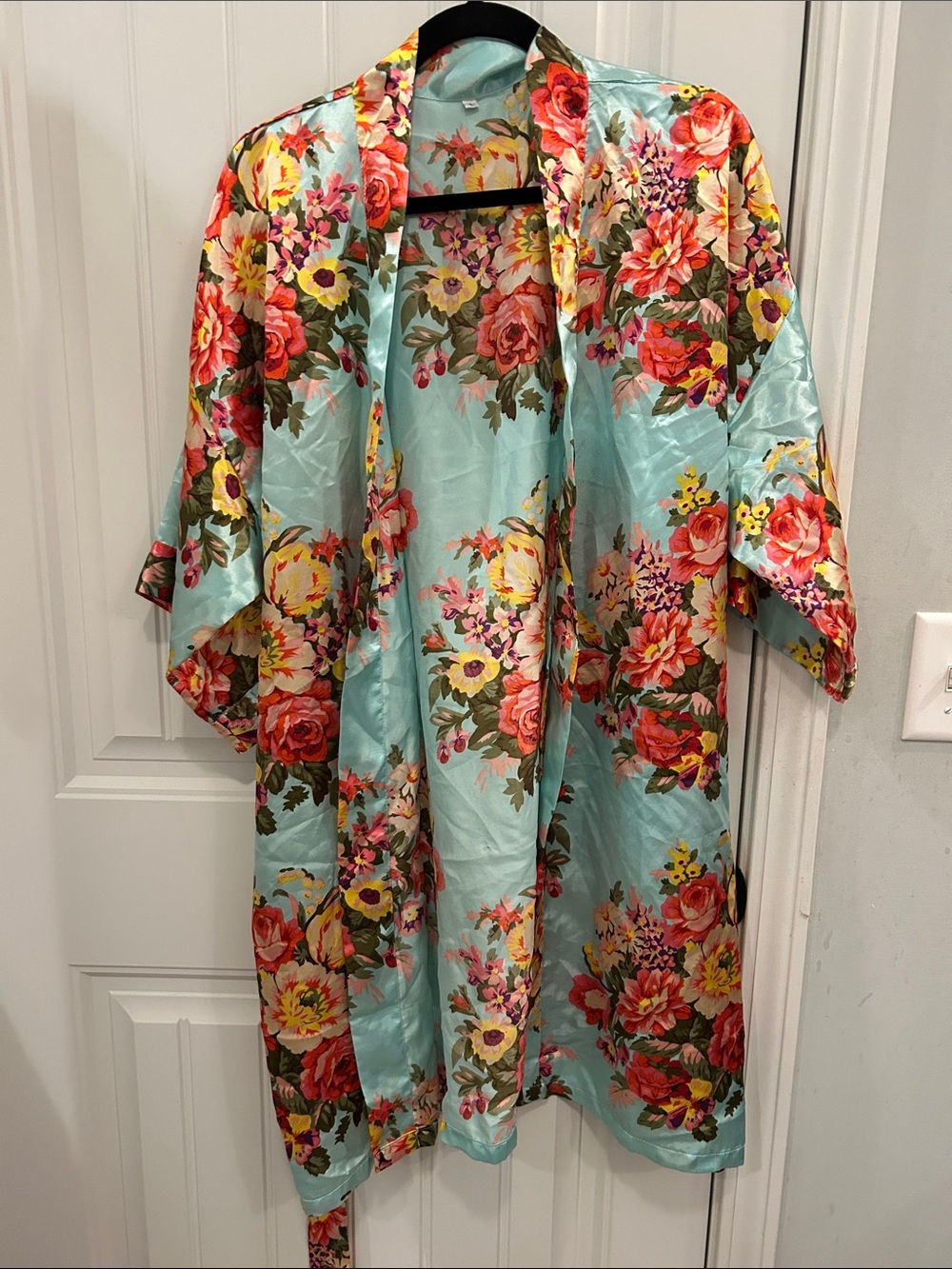 Floral Satin Kimono Robe in Light Blue